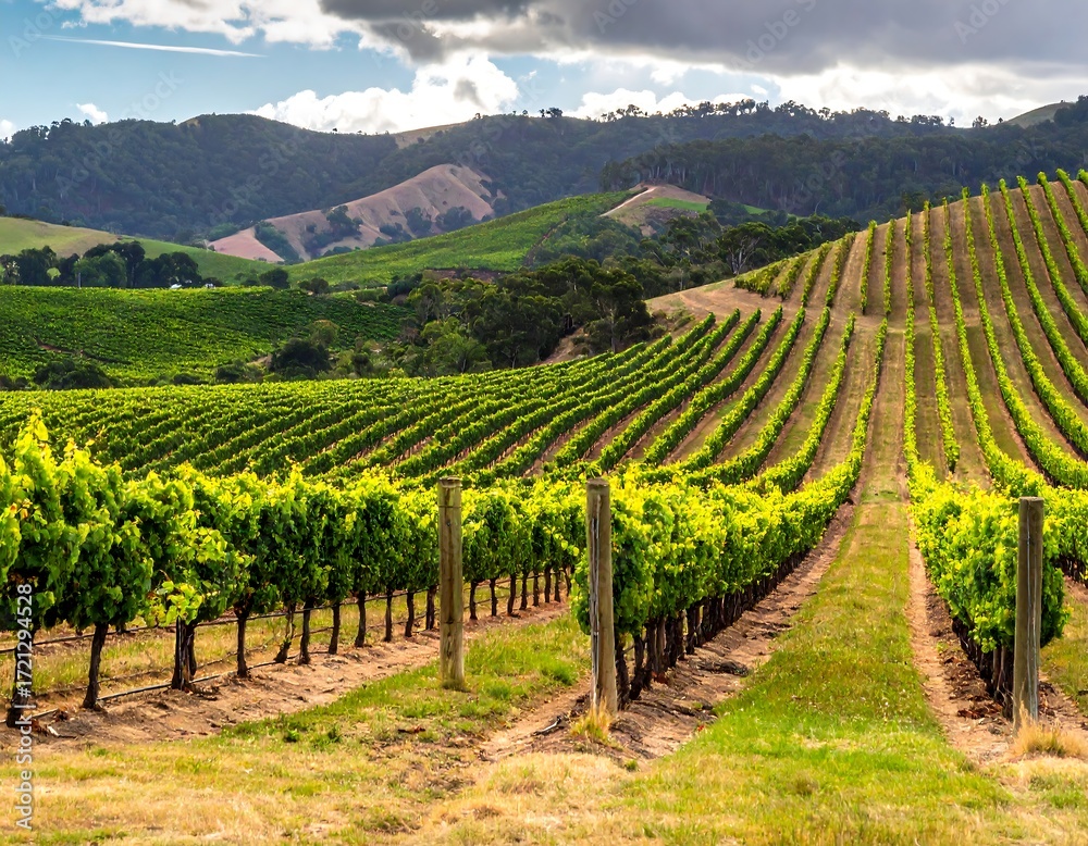 Fototapeta premium Lush vineyard landscape under a partly cloudy sky