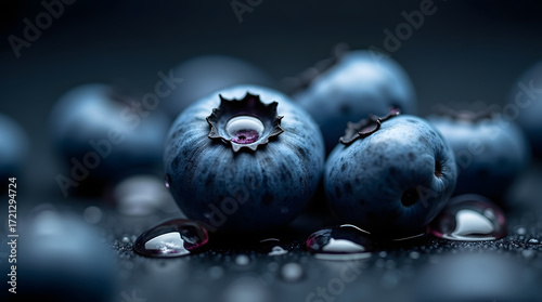 Macro photography of blueberries with water drops, dark moody background.