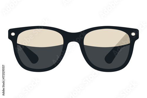 Vector illustration of classic black wayfarer sunglasses with dark gradient lenses isolated on white background for fashion and accessory design concepts