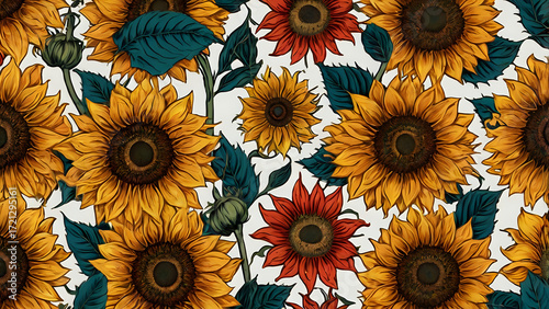 Modern seamless sunflower pattern with vibrant colors and strong outline