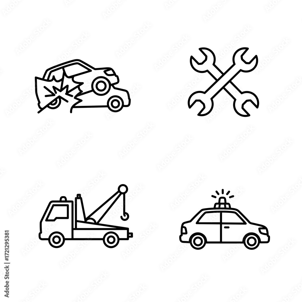 Naklejka premium Collection of Insurance themed icons, including Car Crash, Repair Tools, Tow Truck, Rental Car