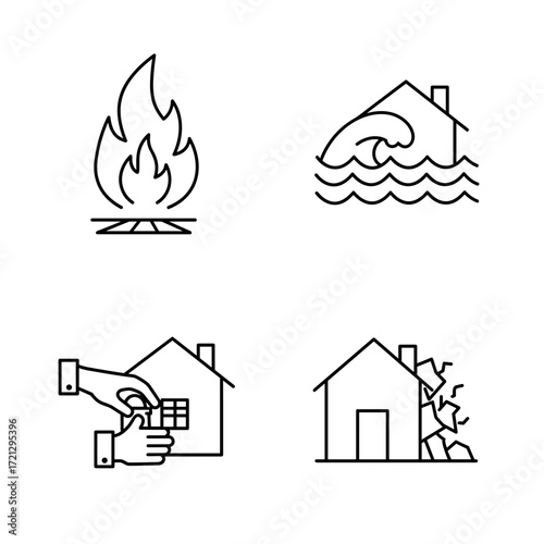 Collection of Insurance themed icons, including Fire, Flood, Theft, Natural Disaster