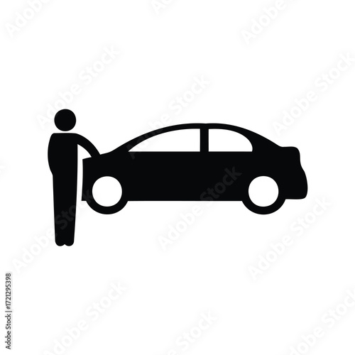 Black and white silhouette of a person inspecting a car at roadside