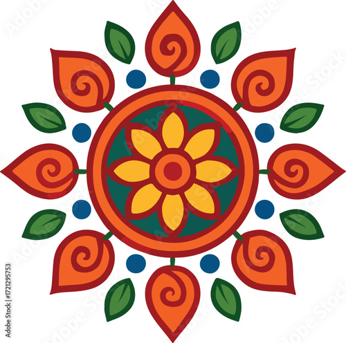 Vibrant Circular Mandala Design With Floral Petals, Leaves, and Colorful Dots for Decor Artwork Print