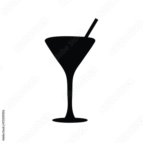 Silhouette of a martini glass with a straw isolated on white background