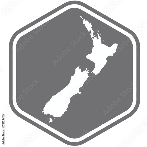 Map of new zealand on grey color hexagon icon vector illustration, sticker of new zealand map on grey hexagon