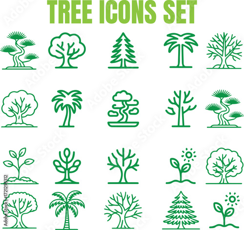 Green tree icons set nature plants