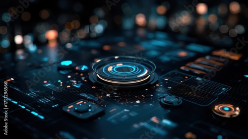 A close-up view of a futuristic digital interface, featuring glowing blue and orange elements against a dark background, suggesting advanced technology.