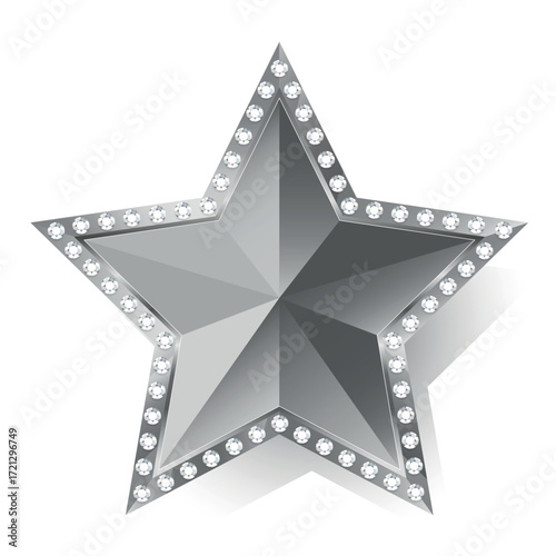 Luxury silver 3D star with sparkling diamonds on edges. The vector is isolated on a white background.