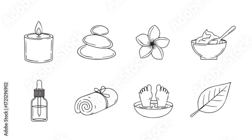 Hand drawn spa elements collection essential oils stones flower towel soap leaf for wellness and beauty silhouette