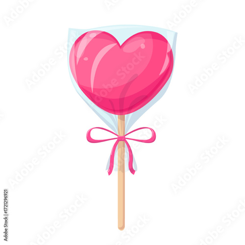 Pink heart lollipop on stick with wrapper and bow. Sweet love gift for Valentine day isolated on white background. Candy in heart shape on stick in transparent bag with ribbon, vector illustration