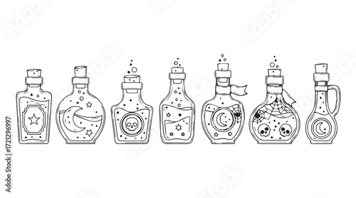 Collection of vintage decorative bottles with intricate designs and stopper caps silhouette
