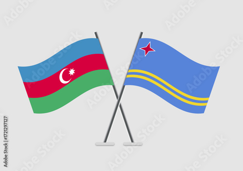 Azerbaijan and Aruba vector flags with realistic waving appearance