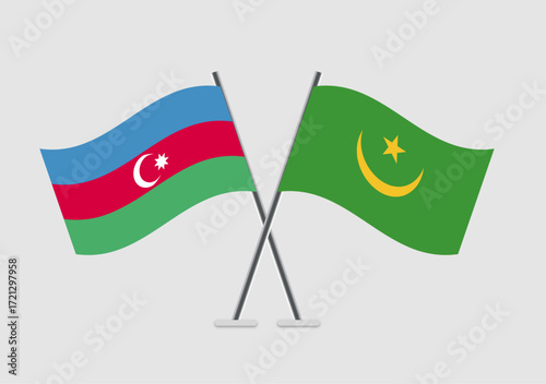 Azerbaijan and Mauritania vector flags illustrated with realistic sway