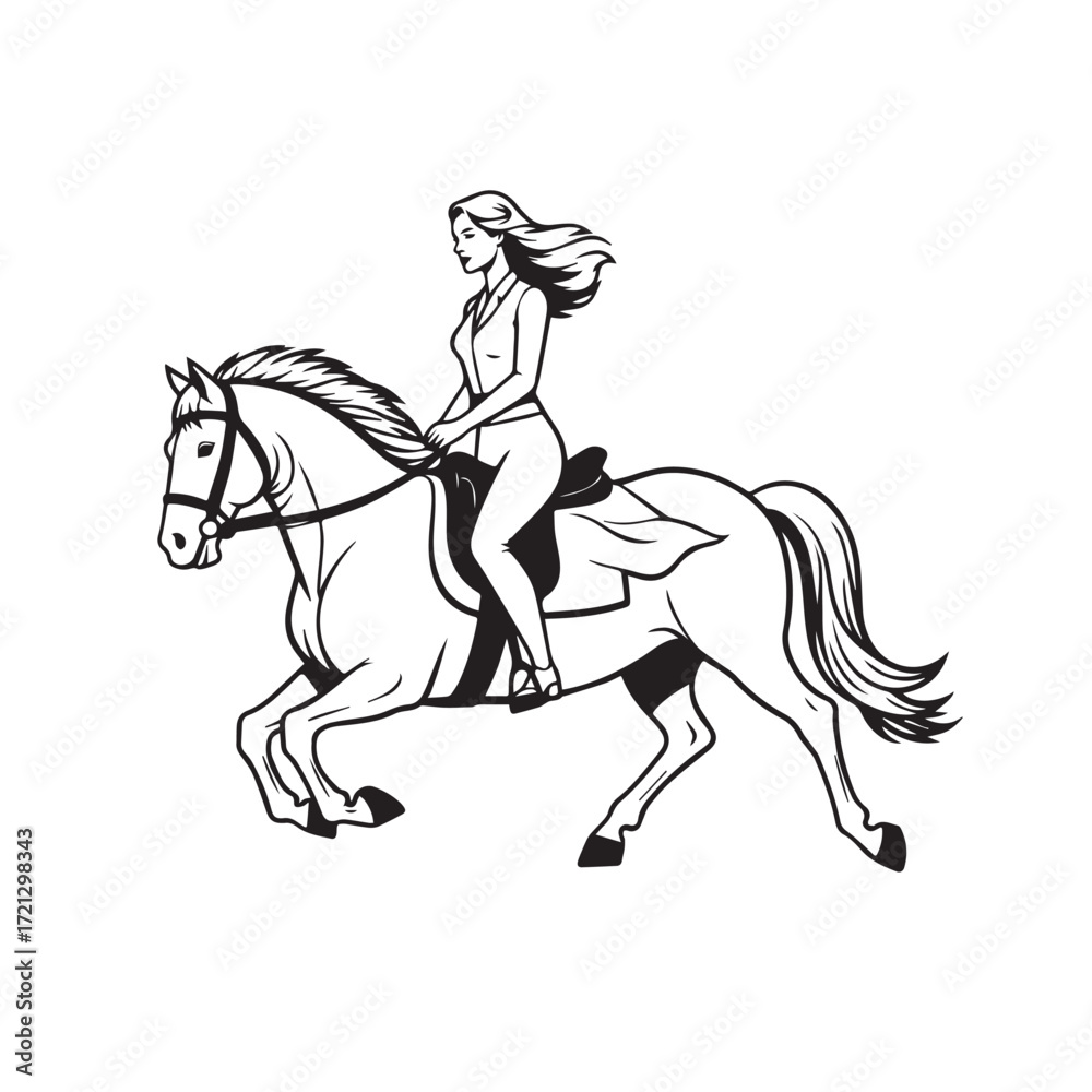 Obraz premium Black and white line art of a beautiful woman with perfect body riding horse elegant minimalist illustration