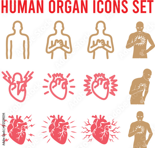 Human organ heart pain icons human body chest pain