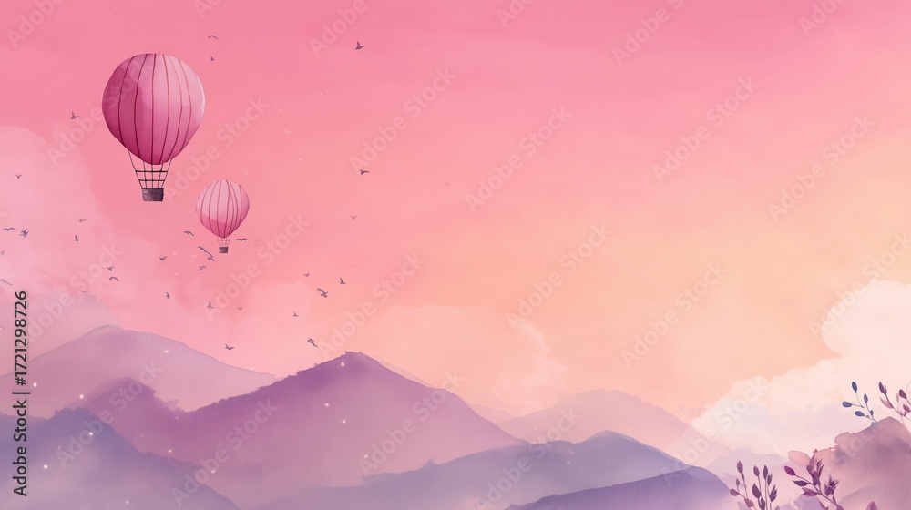 Obraz premium Dreamy Watercolor Landscape with Hot Air Balloons, Mountains, and Birds in Pink and Purple Hues, Creating a Peaceful and Serene Atmosphere, watercolor