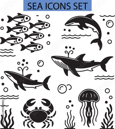 Marine life icons fish dolphin