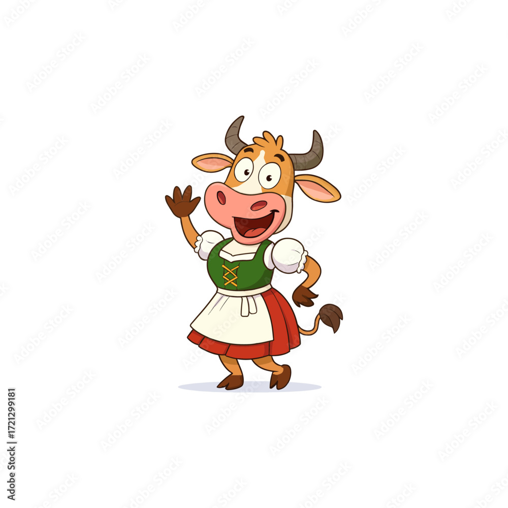Fototapeta premium Cheerful cartoon cow in traditional Dirndl dress waving.