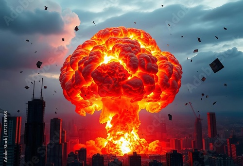 Fiery orange and black mushroom cloud engulfing cityscape, debris flying,  debris,  dramatic