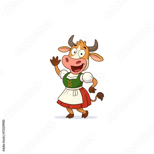 Cheerful cartoon cow in traditional Dirndl dress waving.