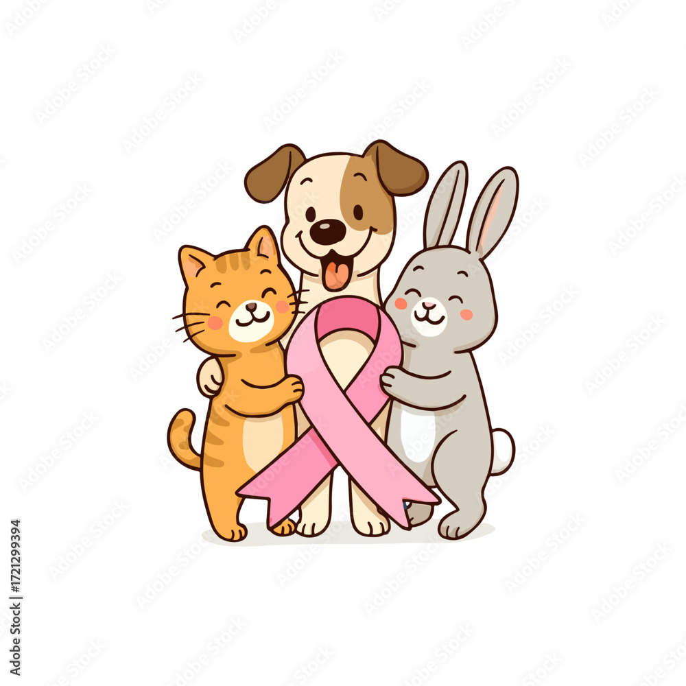 Obraz premium Cute Animals Holding a Pink Ribbon Supporting Breast Cancer Awareness