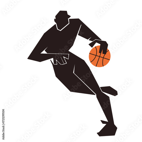 A dynamic illustration of a basketball player in a low-poly style, dribbling with skill and agility. Perfect for sports, teamwork, and athletic themes