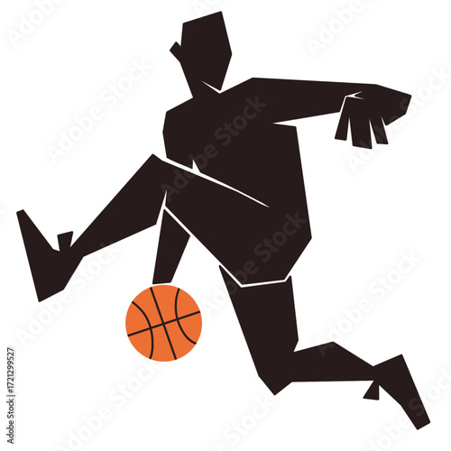 A dynamic illustration of a basketball player in a low-poly style, dribbling with skill and agility. Perfect for sports, teamwork, and athletic themes