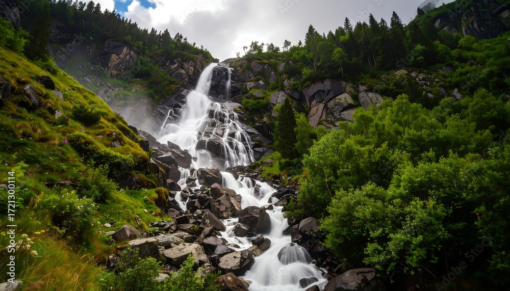 Fototapeta premium Mountain waterfall cascading down rocks