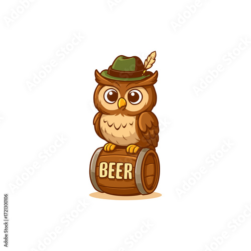 Cute Owl in a Traditonal German Hat Sitting on a Beer Barrel