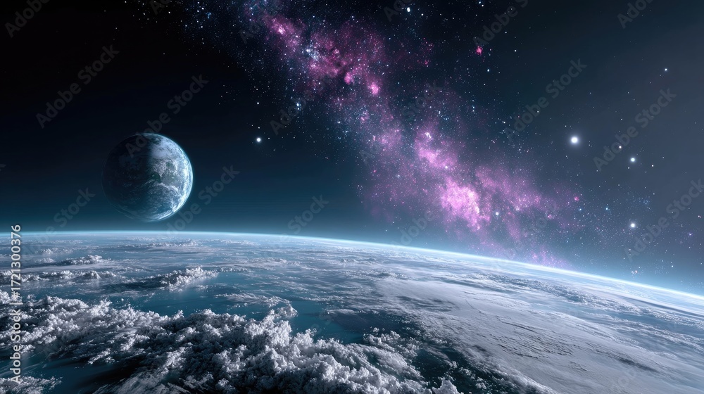 Fototapeta premium Cosmic Landscape with Earth Like Planet and Galaxy View in Blue and Purple Tones Space Exploration Concept Art