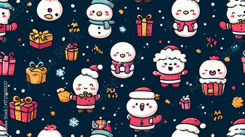 The image presents a whimsical background pattern featuring charming cartoon snow figures amidst gift boxes against a dark, speckled backdrop