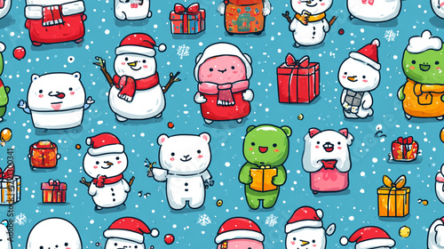 The image displays a repeating pattern on a light blue background sprinkled with white snowflakes
