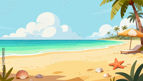 Summer beach background picture, hand-drawn vector illustration, game art scene
