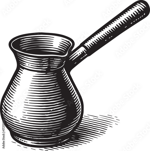 Vintage cezve coffee pot etching illustration of traditional Turkish and Middle Eastern cookware