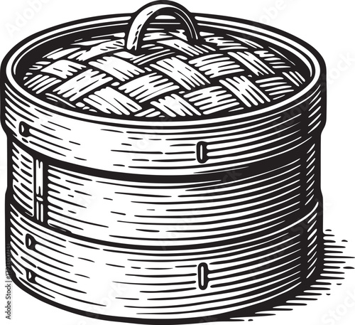 Traditional bamboo steamer etching illustration in detailed black and white engraving style