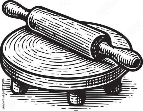 Etching of chakla belan with rolling pin and wooden board for dough