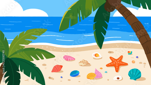 Summer beach background picture, hand-drawn vector illustration, game art scene