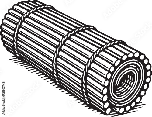 Traditional bamboo sushi rolling mat etching in vintage black and white engraving style