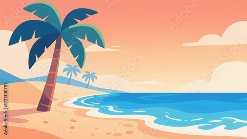 Summer beach background picture, hand-drawn vector illustration, game art scene