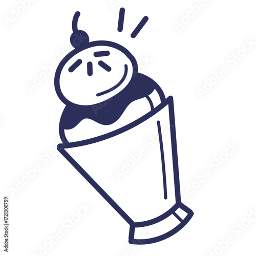 Delightful Monochromatic Ice Cream Sundae with Smiling Face and Cherry Topping.