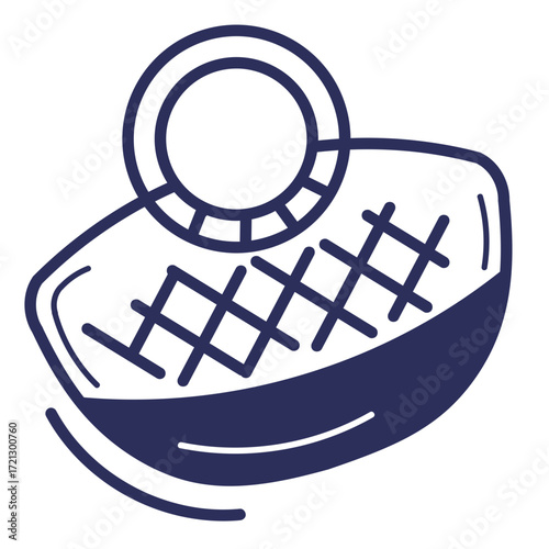 Flat design indigo grilled meat icon with bone handle and distinct crosshatch texture.