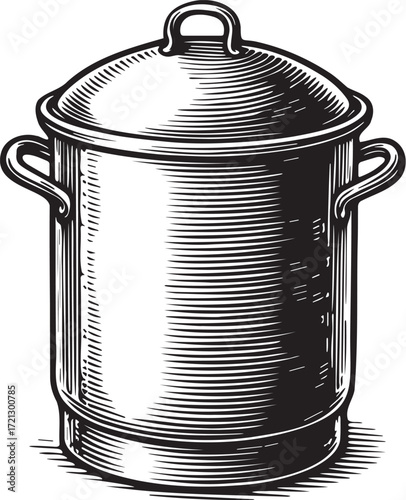 Vintage cylindrical tamale steamer etching with lid and handles