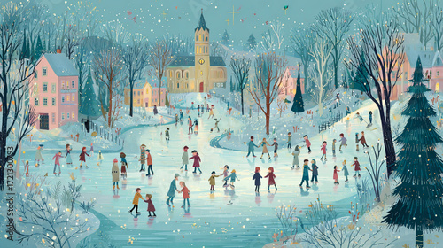 The scene depicts a winter wonderland with numerous individuals enjoying ice skating on a large, frozen pond
