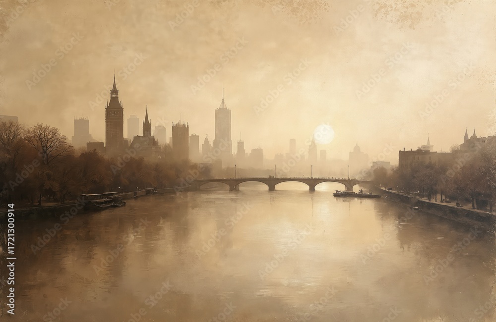 Obraz premium Aged sepia cityscape with riverside view, featuring bridge spanning calm river, with silhouettes of historic architecture, modern buildings in background. Fog, mist create vintage, artistic