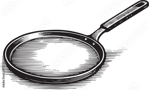 Vintage etching of crepe pan for thin pancakes in detailed line art