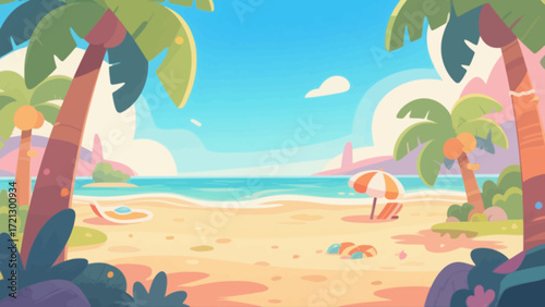 Summer beach background picture, hand-drawn vector illustration, game art scene