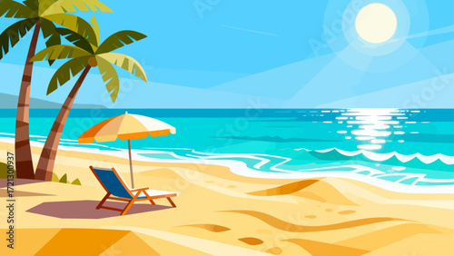 Summer beach background picture, hand-drawn vector illustration, game art scene