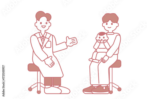 医師の説明を受ける父親と赤ちゃん