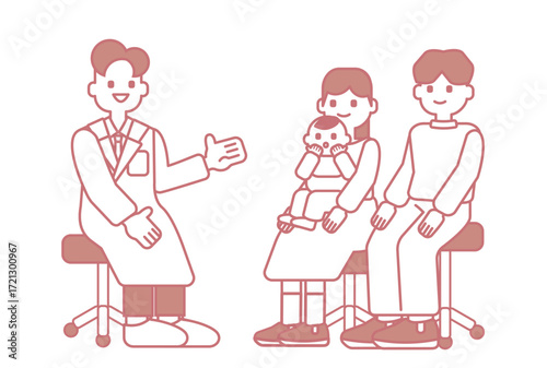 医師の説明を受ける夫婦と赤ちゃん